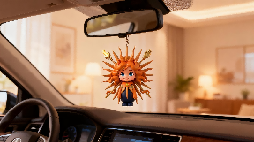 jimeng-2025-12-29-7608-参考图1的IP形象，IP形象的车载挂件，挂在汽车后视镜上，随着车辆轻微摆动，车内...